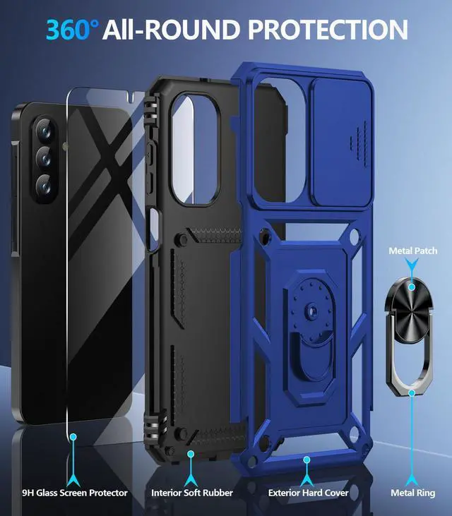 Alt view image 2 of 7 - for Samsung Galaxy A17 5G Case with Screen Protector & Slide Camera Lens Cover,Built-in 360°Rotate Magnetic Ring Stand Shockproof Protective Phone Case for Samsung A17 Case (Blue)