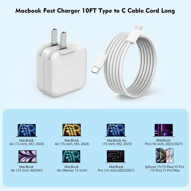 Alt view image 2 of 7 - 10FT Mac Book Air Mac Book Charger Fast Charging, 2Pack 30W USB C Charging Phone Laptop Charger 10Foot Extra Long USB C Cable for MacBook Pro 16/15/14/13 Inch, MacBook Air 13 Inch/ iPad Pro/iPhone 15