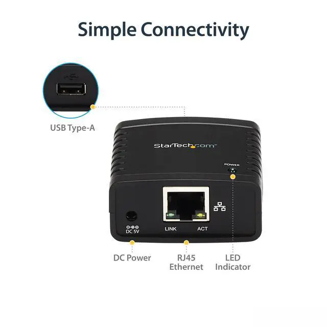 Alt view image 5 of 6 - 1-Port USB 2.0 Network Print Server, 10/100 Mbps Auto-sensing, Wired Ethernet LAN USB Printer Server Adapter, TAA Compliant
