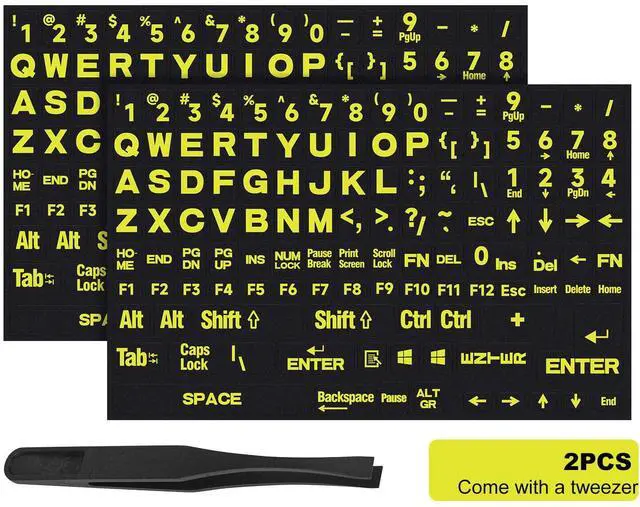 Alt view image 2 of 7 - 2PCS English Keyboard Stickers, Large Letters Full Set Keyboard Letter Replacement Stickers for Laptop PC Computer, Matte English Keyboard Alphabet Sticker Black Background with Yellow Lettering