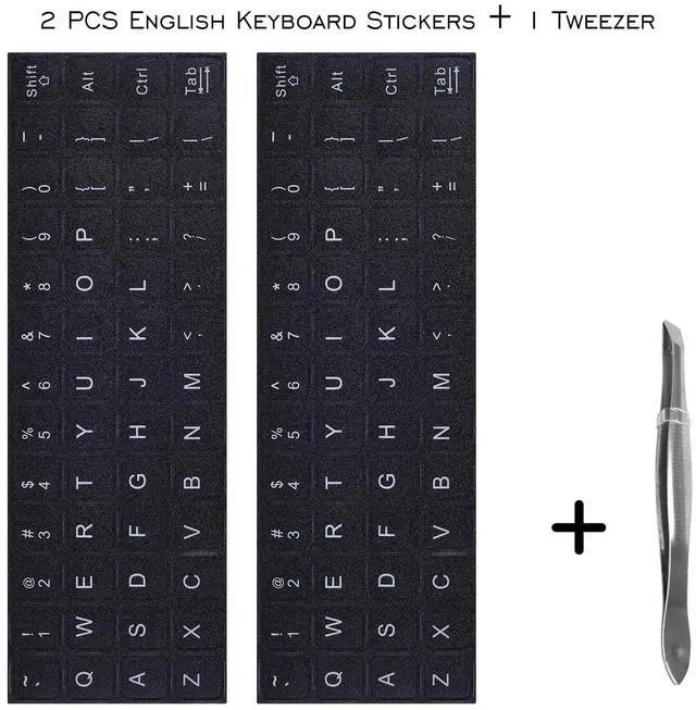 Alt view image 2 of 6 - 2PCS Universal English Keyboard Stickers Letters with Tweezer, Keyboard Stickers Black Background with White Lettering, Keyboard Letters Replacement Sticker for PC Laptop Desktop Computer -English
