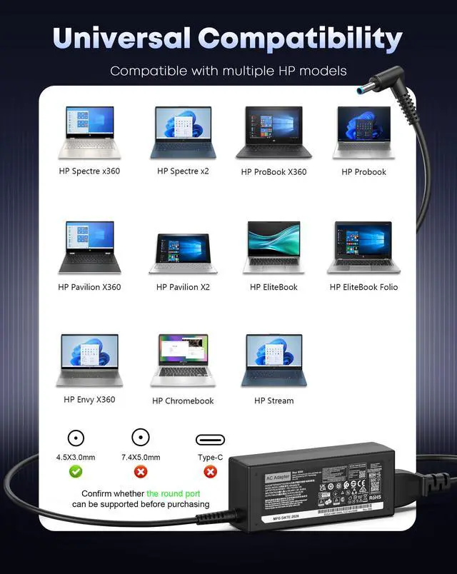 Alt view image 3 of 6 - Replacement for HP Laptop Charger 65W 45W Computer Charger Smart Blue Tip Power Adapter