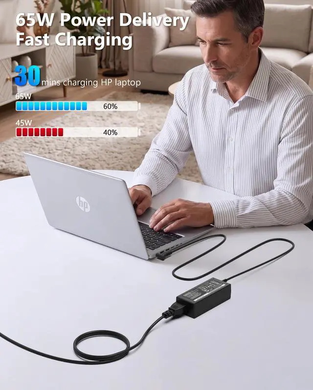 Alt view image 4 of 6 - Replacement for HP Laptop Charger 65W 45W Computer Charger Smart Blue Tip Power Adapter