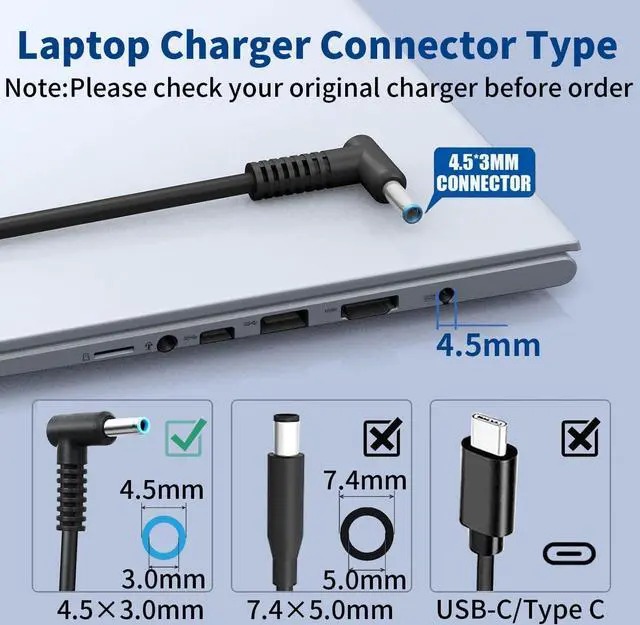 Alt view image 2 of 7 - 45W Charger Replacement for HP Laptop Charger, Blue Tip,19.5V 2.31A