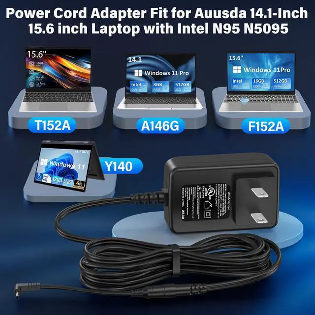 Alt view image 2 of 7 - 12V Laptop Charger Replacement Compatible with Auusda T152A T140J T156A Laptop Computer, Power Cord AC Adapter for Auusda F152 F152A F146 A146G Y140 Y140N Intel N95 N5095 N150 J4105 J4125 14.1" 15.6"