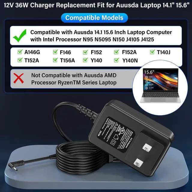 Alt view image 3 of 7 - 12V Laptop Charger Replacement Compatible with Auusda T152A T140J T156A Laptop Computer, Power Cord AC Adapter for Auusda F152 F152A F146 A146G Y140 Y140N Intel N95 N5095 N150 J4105 J4125 14.1" 15.6"