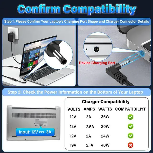 Alt view image 5 of 7 - 12V Laptop Charger Replacement Compatible with Auusda T152A T140J T156A Laptop Computer, Power Cord AC Adapter for Auusda F152 F152A F146 A146G Y140 Y140N Intel N95 N5095 N150 J4105 J4125 14.1" 15.6"
