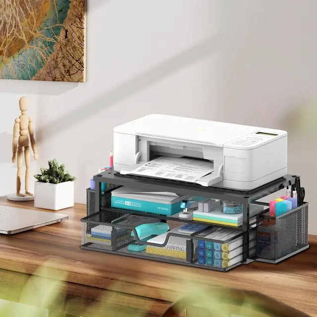 Alt view image 2 of 7 - Printer Stand for Desk with Storage, 2-Tier Metal Monitor Stand Riser with Drawer and 2 Pen Holders, Multifunctional Desktop Organizer for Home Office Desk Accessories, Black