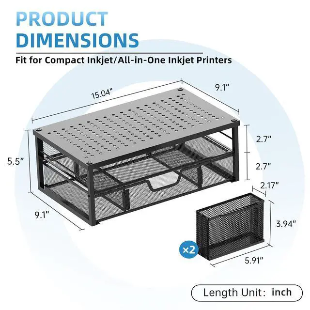Alt view image 3 of 7 - Printer Stand for Desk with Storage, 2-Tier Metal Monitor Stand Riser with Drawer and 2 Pen Holders, Multifunctional Desktop Organizer for Home Office Desk Accessories, Black