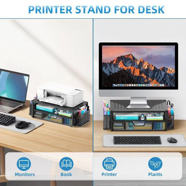 Alt view image 6 of 7 - Printer Stand for Desk with Storage, 2-Tier Metal Monitor Stand Riser with Drawer and 2 Pen Holders, Multifunctional Desktop Organizer for Home Office Desk Accessories, Black