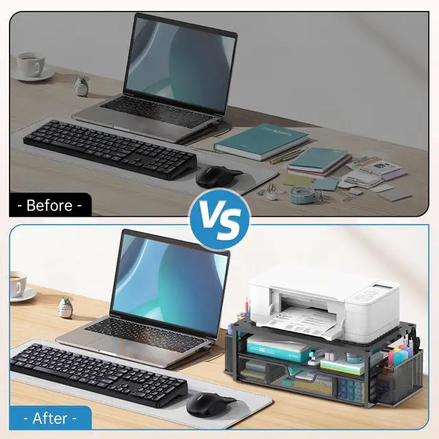 Alt view image 7 of 7 - Printer Stand for Desk with Storage, 2-Tier Metal Monitor Stand Riser with Drawer and 2 Pen Holders, Multifunctional Desktop Organizer for Home Office Desk Accessories, Black