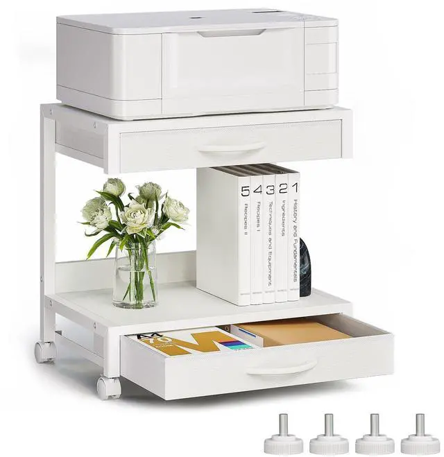 Main image of 2-Tier Desktop Printer Stand with 2 Fabric Drawers, Prtiner Table with Storage Shelf, Desk Organizer for Home Office,3D Printer,Fax Machine,Scanner (White, 2 Tier)