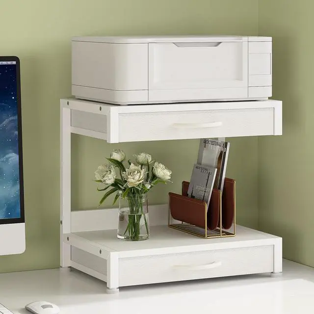 Alt view image 2 of 7 - 2-Tier Desktop Printer Stand with 2 Fabric Drawers, Prtiner Table with Storage Shelf, Desk Organizer for Home Office,3D Printer,Fax Machine,Scanner (White, 2 Tier)