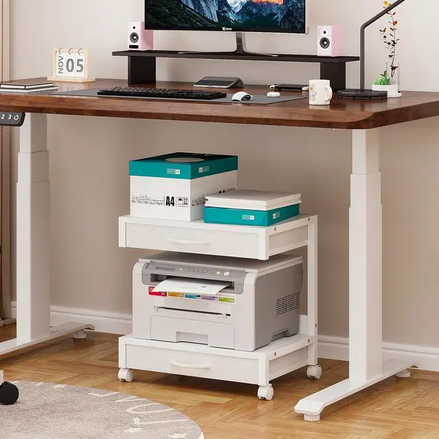 Alt view image 3 of 7 - 2-Tier Desktop Printer Stand with 2 Fabric Drawers, Prtiner Table with Storage Shelf, Desk Organizer for Home Office,3D Printer,Fax Machine,Scanner (White, 2 Tier)