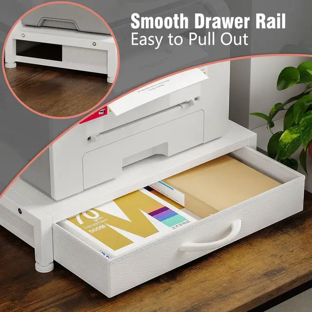 Alt view image 5 of 7 - 2-Tier Desktop Printer Stand with 2 Fabric Drawers, Prtiner Table with Storage Shelf, Desk Organizer for Home Office,3D Printer,Fax Machine,Scanner (White, 2 Tier)