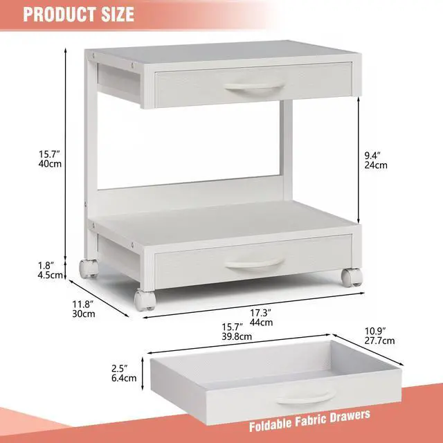 Alt view image 6 of 7 - 2-Tier Desktop Printer Stand with 2 Fabric Drawers, Prtiner Table with Storage Shelf, Desk Organizer for Home Office,3D Printer,Fax Machine,Scanner (White, 2 Tier)