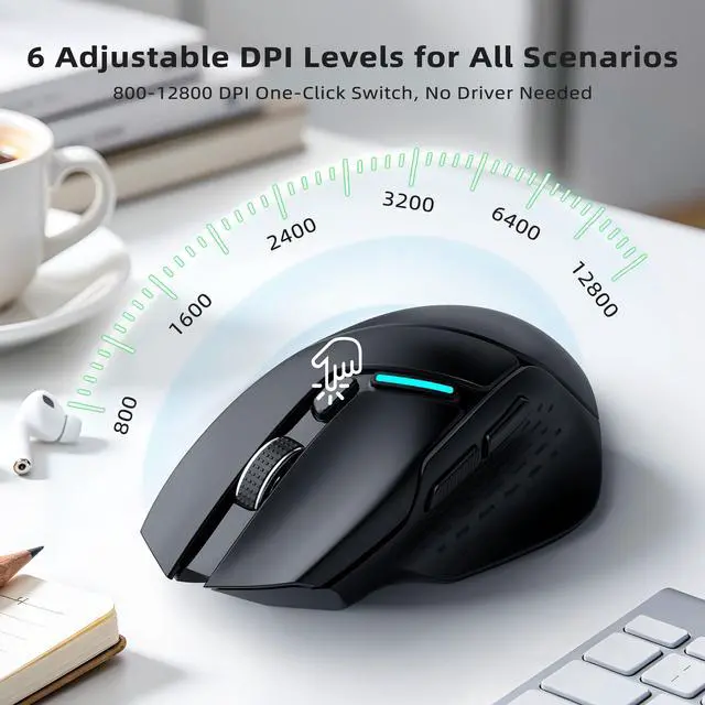 Alt view image 6 of 7 - Ergonomic Wireless Mouse, 6 Adjustable DPI Up to 12800, 3-in-1 Multi Connection(BT5.0& Wired &2.4G Wireless Programmable Silent Click Bluetooth Mouse for Laptop PC Gaming Office