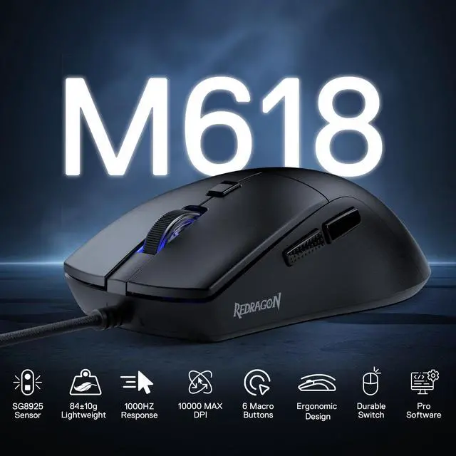 Alt view image 2 of 7 - M618 Wired Gaming Mouse, 10000 DPI Optical Ergonomic Mouse with 6 Programmable Buttons, 84G Ultra Lightweight, Software Supports DIY Keybinds, Black