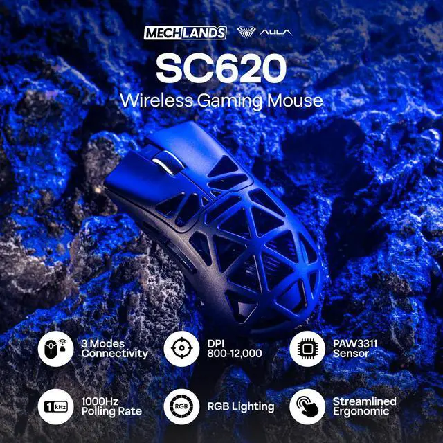 Alt view image 2 of 7 - Aula SC620 Gaming Mouse, 2.4G/USB-C/BT Wireless Mouse with 400mAh Battery, Adjustable 12,000 DPI & 1000 Polling Rate, PAW3311 Sensor, RGB Lighting, Programmable Buttons, for Win/Mac (Black)