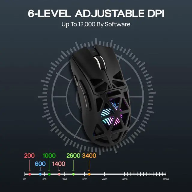 Alt view image 5 of 7 - Aula SC620 Gaming Mouse, 2.4G/USB-C/BT Wireless Mouse with 400mAh Battery, Adjustable 12,000 DPI & 1000 Polling Rate, PAW3311 Sensor, RGB Lighting, Programmable Buttons, for Win/Mac (Black)