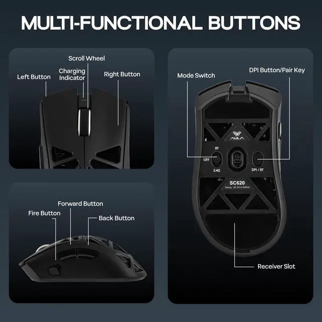 Alt view image 7 of 7 - Aula SC620 Gaming Mouse, 2.4G/USB-C/BT Wireless Mouse with 400mAh Battery, Adjustable 12,000 DPI & 1000 Polling Rate, PAW3311 Sensor, RGB Lighting, Programmable Buttons, for Win/Mac (Black)