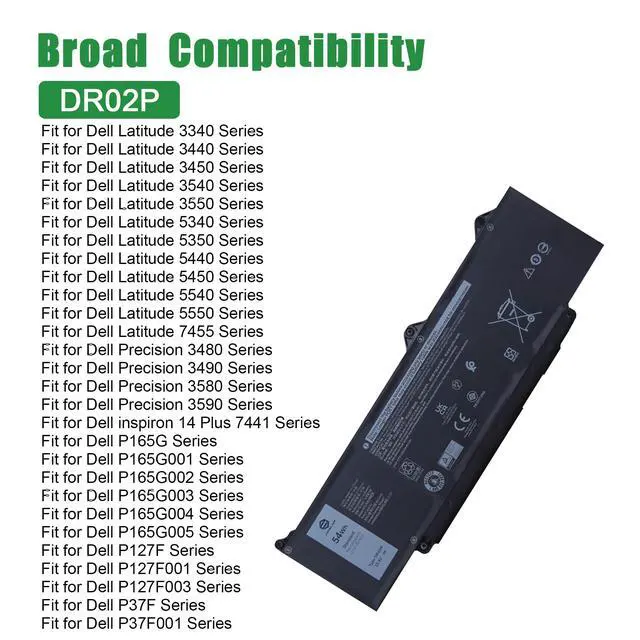 Alt view image 4 of 5 - DR02P Laptop Battery Replacement for Dell Latitude 5350 5440 5450 5540 5550 7455 3340 3440 3450 3540 3550 5340 Precision 3480 3490 3580 3590 Series 02X1V9 2X1V9 RXF9T 803W6 WYJ45 11.4V 54Wh