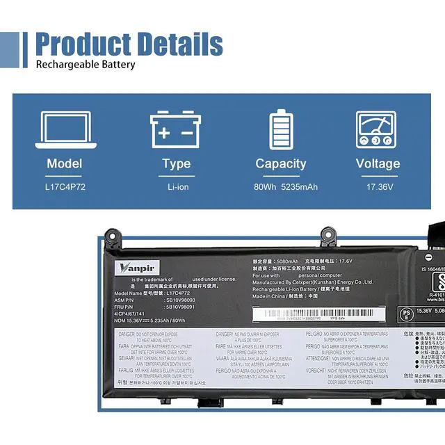Alt view image 2 of 7 - L17C4P72 Laptop Battery,15.36V 80Wh 5235mAh Compatible with Lenovo ThinkPad X1 Extreme 1st Gen/2nd Gen ThinkPad P1 1st Gen/2nd Gen Series L17M4P72 01AY968 01AY969 L18M4P71 01YU911 5B10V98091