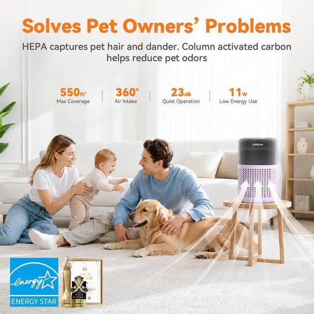 Alt view image 3 of 7 - HEPA Air Purifier for Bedroom&Home,Pet Air Purifier for Home Pets,Removes Pet Odor,Cat Litter Smell,Dust,Smoke&Allergies,Quiet Room Air Purifier with Scents,360°Air Cleaner,A2005 Purple