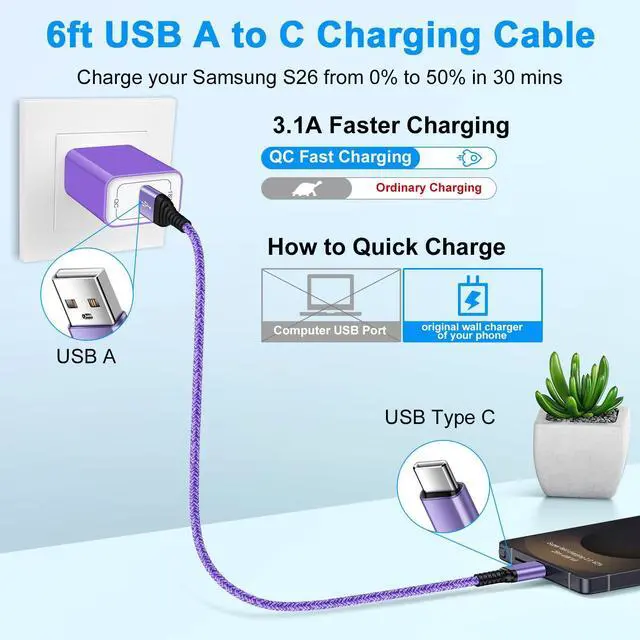 Alt view image 2 of 7 - USB C Samsung Charger Fast Charging Cord 6FT for Samsung Galaxy S26 Ultra S26+ S26 S25 FE Plus S24 A17 A36 A16 A26 A56 Z Fold 7 Flip 7 6, 3.1A USB A to USBC Cable Android Charger Phone Carplay Cable
