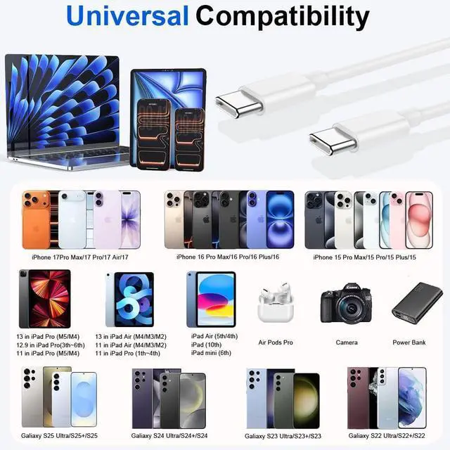 Alt view image 7 of 7 - USB C to USB C Charging Cable, (60W 2Pack 3.3ft)Type C Fast Charger Durable High Speed Data Sync Cable Phone Power Cord for iPhone 17/ 17 Pro Max/17 Pro/16 Pro Max /15Pro/15 Plus/iPad Pro/Air/ Mini