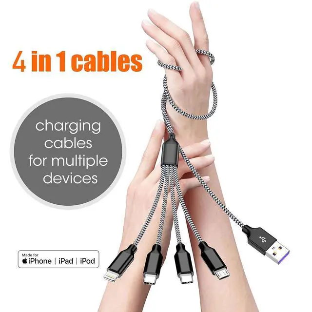 Alt view image 2 of 6 - 4ft 2 Pack 4 in 1 Multi Charging Cable, IP/Type C Port for iPhone/Android