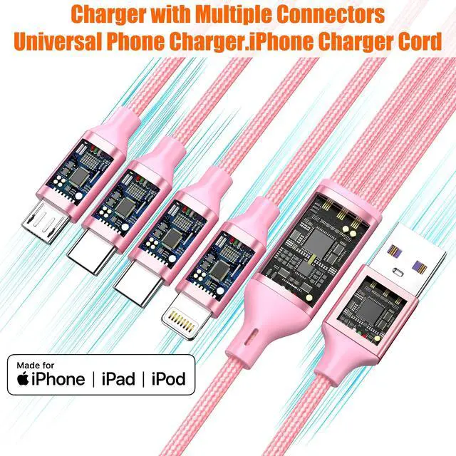Alt view image 4 of 6 - 4ft 2 Pack 4 in 1 Multi Charging Cable, IP/Type C Port for iPhone/Android