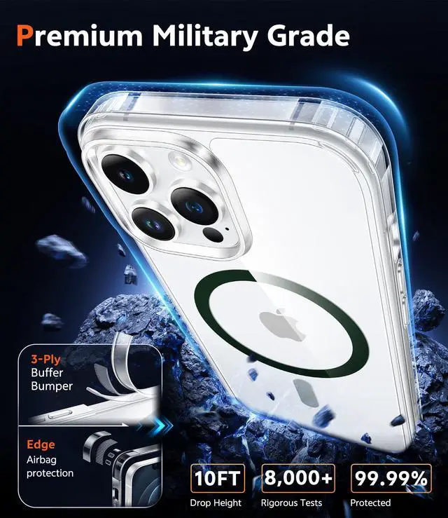 Alt view image 6 of 7 - FNTCASE for iPhone 12 Pro-Max Case: Strong Magnetic Anti-Yellowing Slim Clear Case | Military Grade Protective & Shockproof Rugged Drop Protection Thin Shell Transparent Cell Phone Cover(Clear-Green)