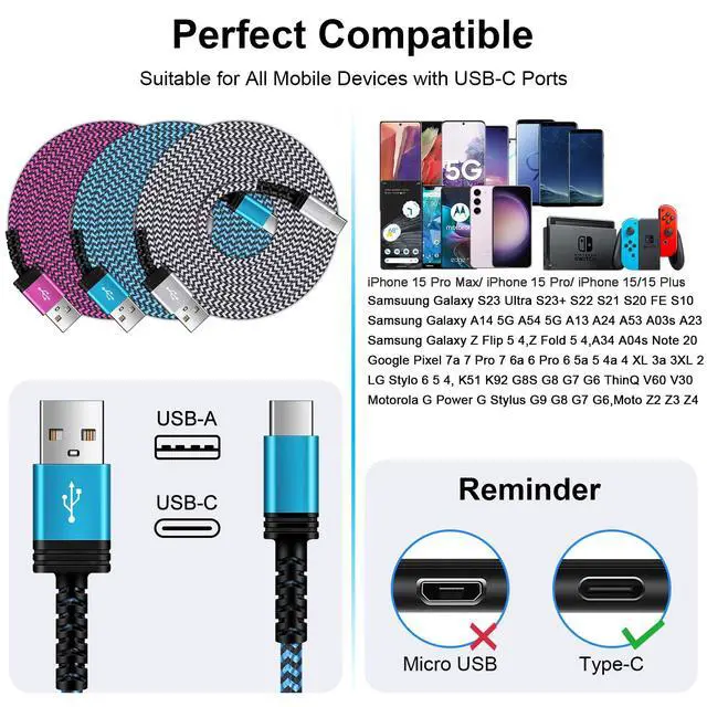 Alt view image 5 of 7 - USB C Charger Cable 6FT/3Pack for iPhone 17 16e/16/16 Pro/16 Pro Max/16 Plus,15/15 Pro/15 Pro Max/15 Plus,3.1A USB Type C Cable Car Fast Charging Cord for Samsung Galaxy S25 Ultra A17 A16,Pixel 10 Pro