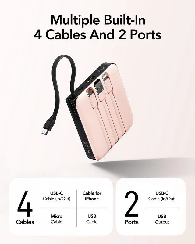 Alt view image 2 of 7 - VRURC Portable Charger for iPhone Built-in Cables, 22.5W USB C Fast Charging 10000mAh Pocket Power Bank, Battery Pack for iPhone 17/16/15 & Samsung Galaxy Android Phone, Pink(1 Pack)