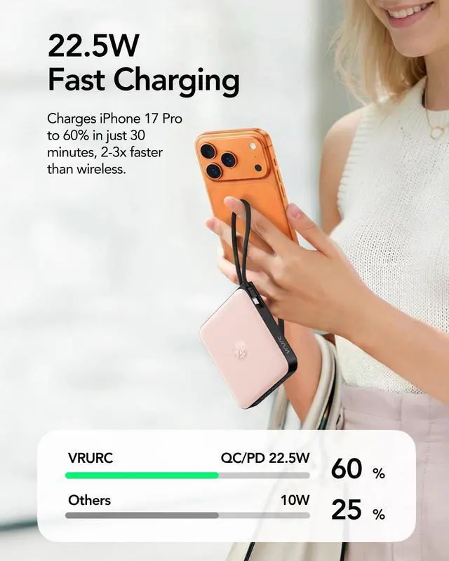 Alt view image 3 of 7 - VRURC Portable Charger for iPhone Built-in Cables, 22.5W USB C Fast Charging 10000mAh Pocket Power Bank, Battery Pack for iPhone 17/16/15 & Samsung Galaxy Android Phone, Pink(1 Pack)