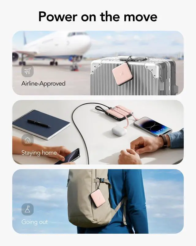 Alt view image 4 of 7 - VRURC Portable Charger for iPhone Built-in Cables, 22.5W USB C Fast Charging 10000mAh Pocket Power Bank, Battery Pack for iPhone 17/16/15 & Samsung Galaxy Android Phone, Pink(1 Pack)
