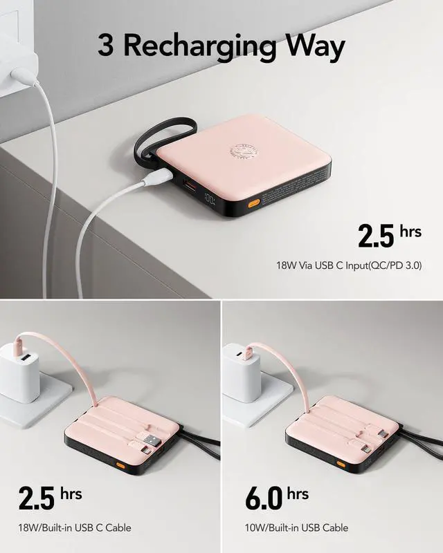 Alt view image 7 of 7 - VRURC Portable Charger for iPhone Built-in Cables, 22.5W USB C Fast Charging 10000mAh Pocket Power Bank, Battery Pack for iPhone 17/16/15 & Samsung Galaxy Android Phone, Pink(1 Pack)