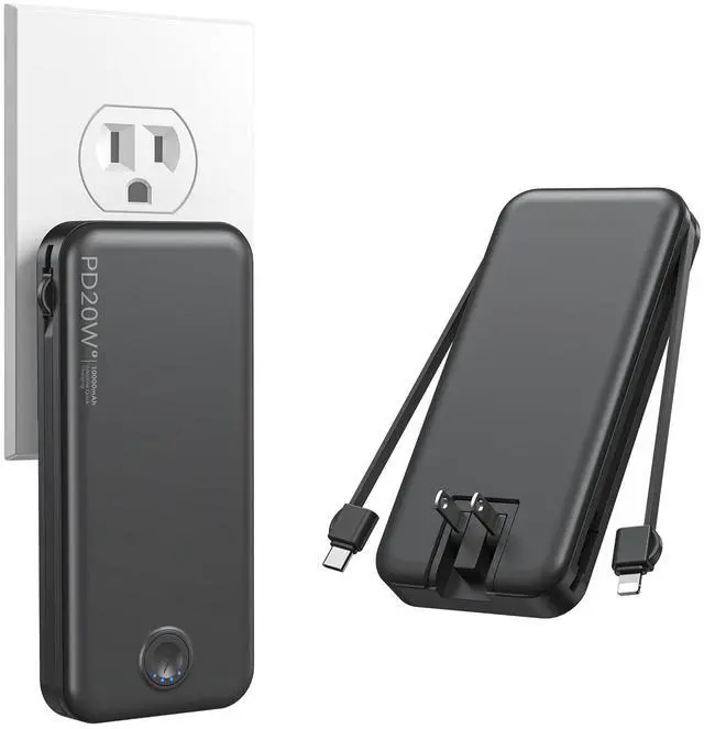 Main image of Nusyddy Portable Charger 10000mAh PD20W w/Built-in Cables & Wall Plug Black