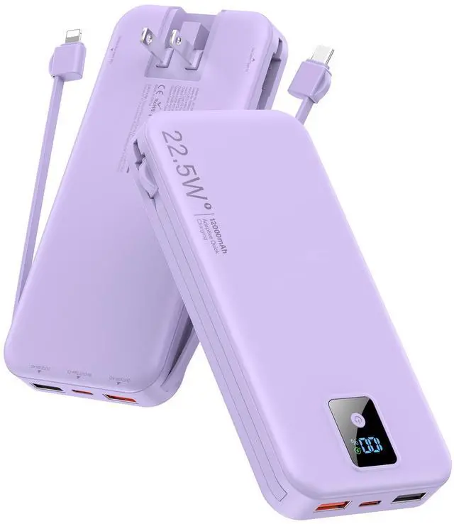 Main image of Rngsnoy Portable Charger 12000mAh 22.5W w/Built-in Cable & Wall Plug Purple