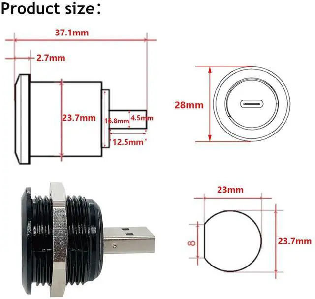Alt view image 7 of 7 - PENGLIN 2PCS USB 3.0 to USB-C Panel Mount Connector, USB Male to Type C Female Adapter Connector, Type-C 3.1 Mounting Socket Converter for Data Transfer/Charging