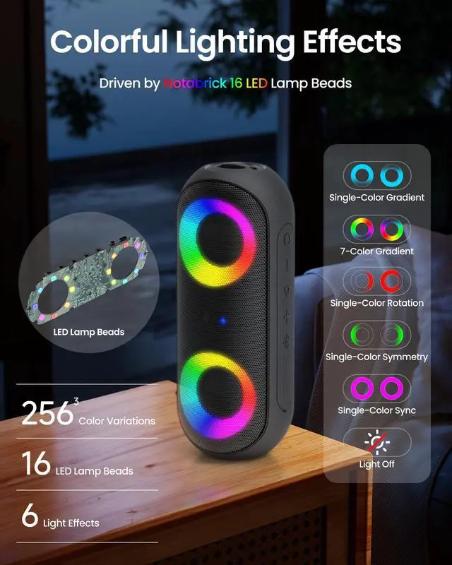 Alt view image 2 of 6 - Bluetooth Speaker with RGB Light, 30W Portable Bluetooth Wireless(100FT Range) Loud Stereo Sound, IPX7 Waterproof Shower Speakers, RGB Multi-Colors Rhythm Lights, 1000mins Playtime for Indoor&Outdoor