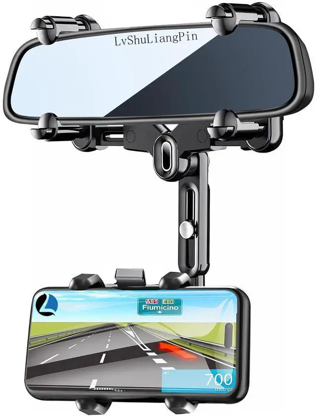Main image of LvShuLiangPin Rearview Mirror Phone Holder for Car, 360° Rotating Rear View Mount with Adjustable Arm Length, Upgraded Four Corners Fixed Anti-Shake Multifunctional Design for All Smartphones