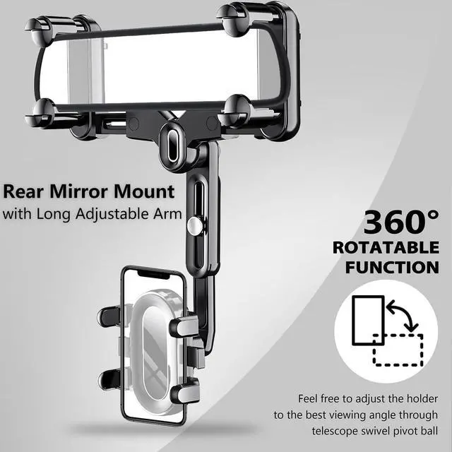Alt view image 2 of 6 - LvShuLiangPin Rearview Mirror Phone Holder for Car, 360° Rotating Rear View Mount with Adjustable Arm Length, Upgraded Four Corners Fixed Anti-Shake Multifunctional Design for All Smartphones