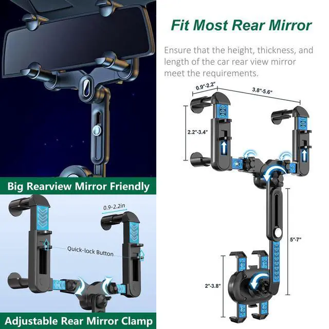 Alt view image 3 of 6 - LvShuLiangPin Rearview Mirror Phone Holder for Car, 360° Rotating Rear View Mount with Adjustable Arm Length, Upgraded Four Corners Fixed Anti-Shake Multifunctional Design for All Smartphones