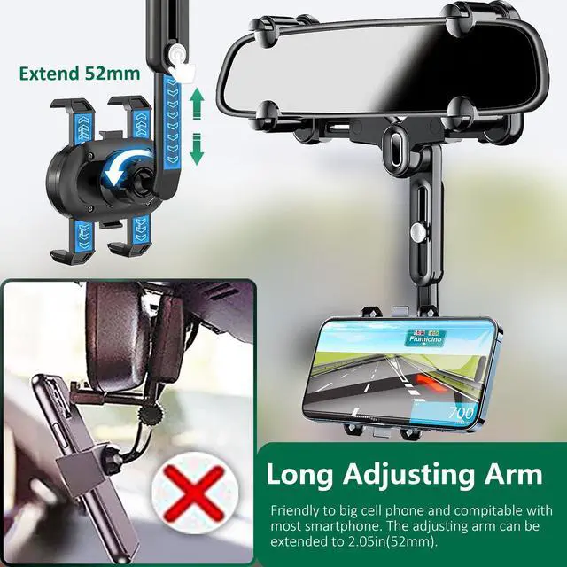 Alt view image 4 of 6 - LvShuLiangPin Rearview Mirror Phone Holder for Car, 360° Rotating Rear View Mount with Adjustable Arm Length, Upgraded Four Corners Fixed Anti-Shake Multifunctional Design for All Smartphones