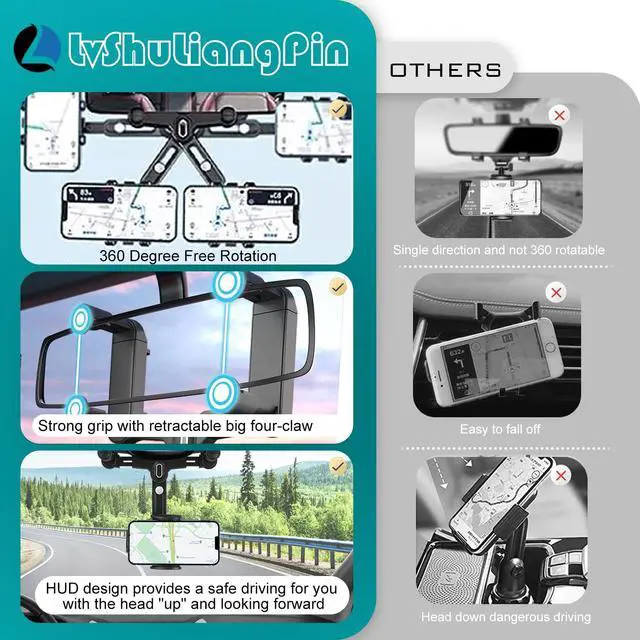 Alt view image 6 of 6 - LvShuLiangPin Rearview Mirror Phone Holder for Car, 360° Rotating Rear View Mount with Adjustable Arm Length, Upgraded Four Corners Fixed Anti-Shake Multifunctional Design for All Smartphones
