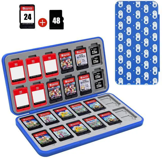 Main image of FYY Nintendo Switch Game Case Holder for Switch 2 Cartridge Case with 24 Game Card Slots & 48 Micro SD Card Slots, Hard Shell, Silicone Lining Navy Gamepad Dot Pattern