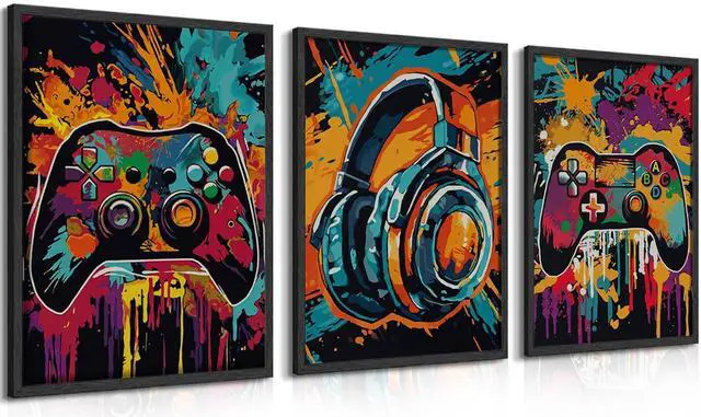 Main image of MUWAK 3Pcs Cool Gaming Wall Art Set, Retro Video Game Neon Gamepad Watercolor Canvas Prints for Boys Room, Teen Gaming Pictures Wall Decor, Gamer Painting Art for Kids Bedroom 12x16 inch Unframed