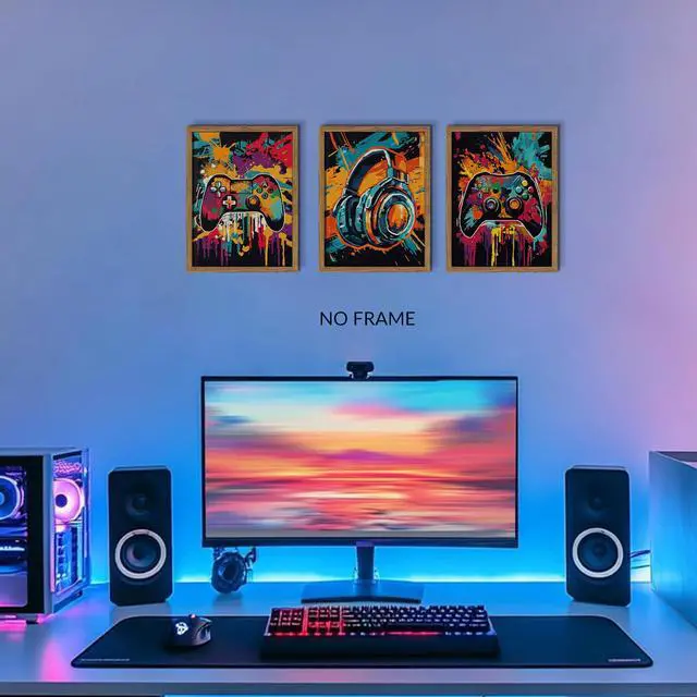 Alt view image 2 of 7 - MUWAK 3Pcs Cool Gaming Wall Art Set, Retro Video Game Neon Gamepad Watercolor Canvas Prints for Boys Room, Teen Gaming Pictures Wall Decor, Gamer Painting Art for Kids Bedroom 12x16 inch Unframed
